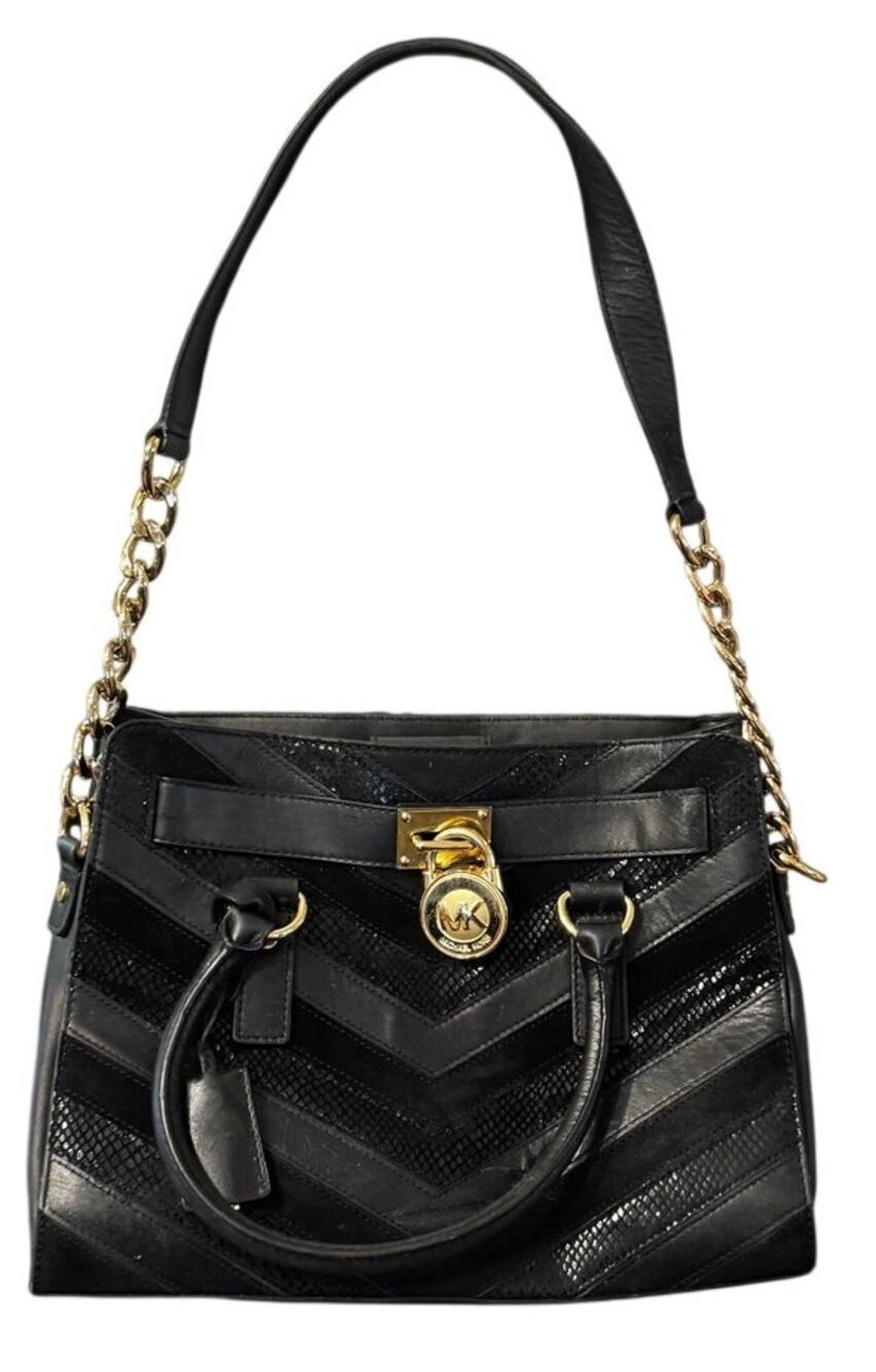 Michael Kors Hamilton Chevron Tote, Black Leather & Snake-Embossed Gold Hardware